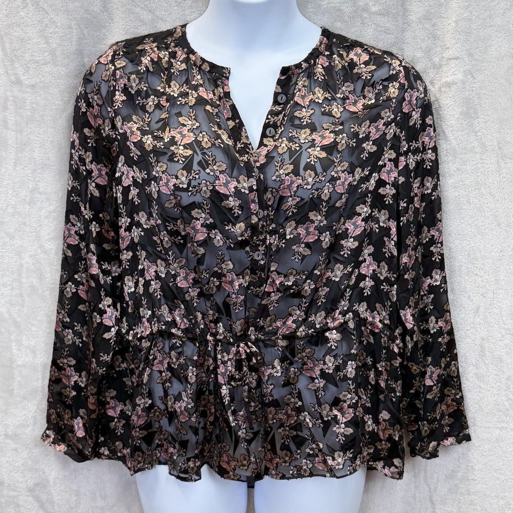 Rebecca Taylor Blouse Womens 12 Black Silk Floral Sheer Drawstring Waist Top